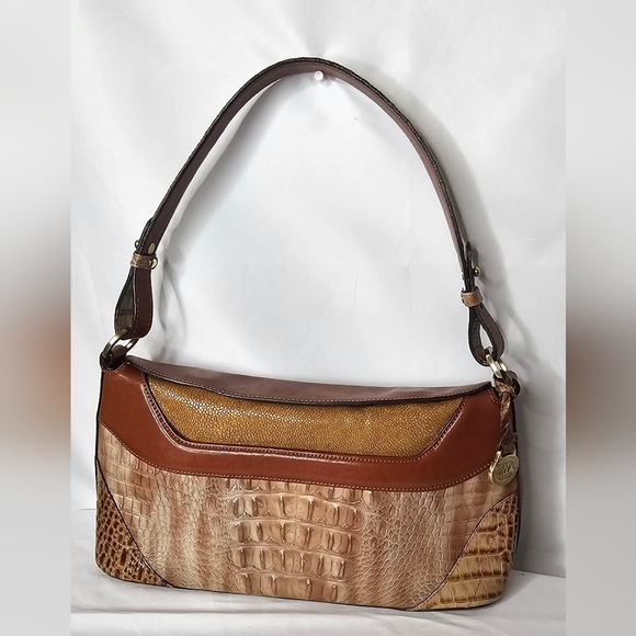 Vintage Brahmin Anytime Shoulder Bag Croc Embossed Leather Brown Tan Textured - Picture 1 of 16